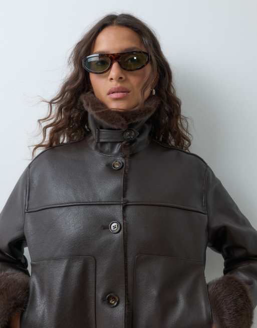 Mango faux leather jacket with faux fur trims in brown , 3 of 5