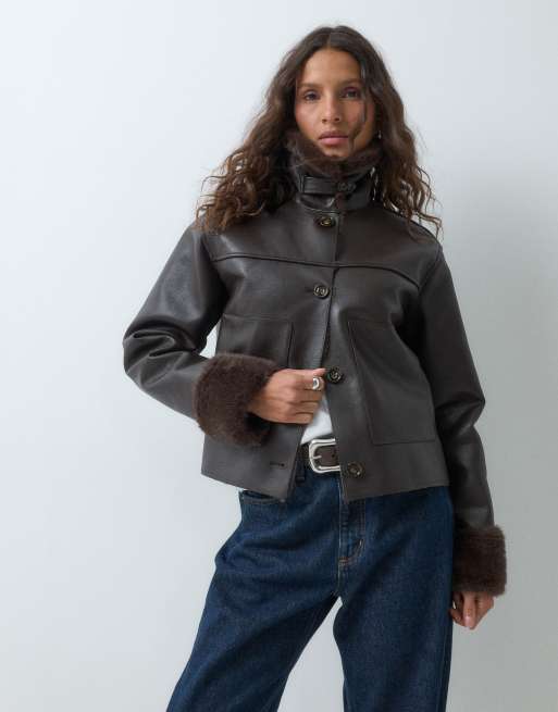 Mango faux leather jacket with faux fur trims in brown , 4 of 5