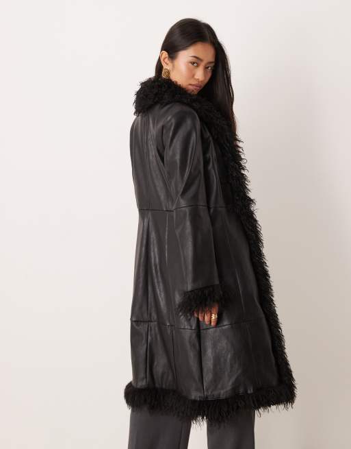 Mango faux leather long jacket with contrast shaggy trims in black, 2 of 4