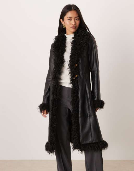 Mango faux leather long jacket with contrast shaggy trims in black, 4 of 4