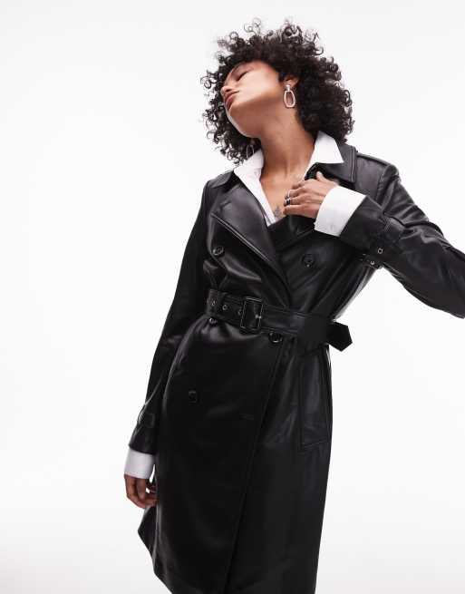 Mango faux leather mid length trench coat in black | ASOS