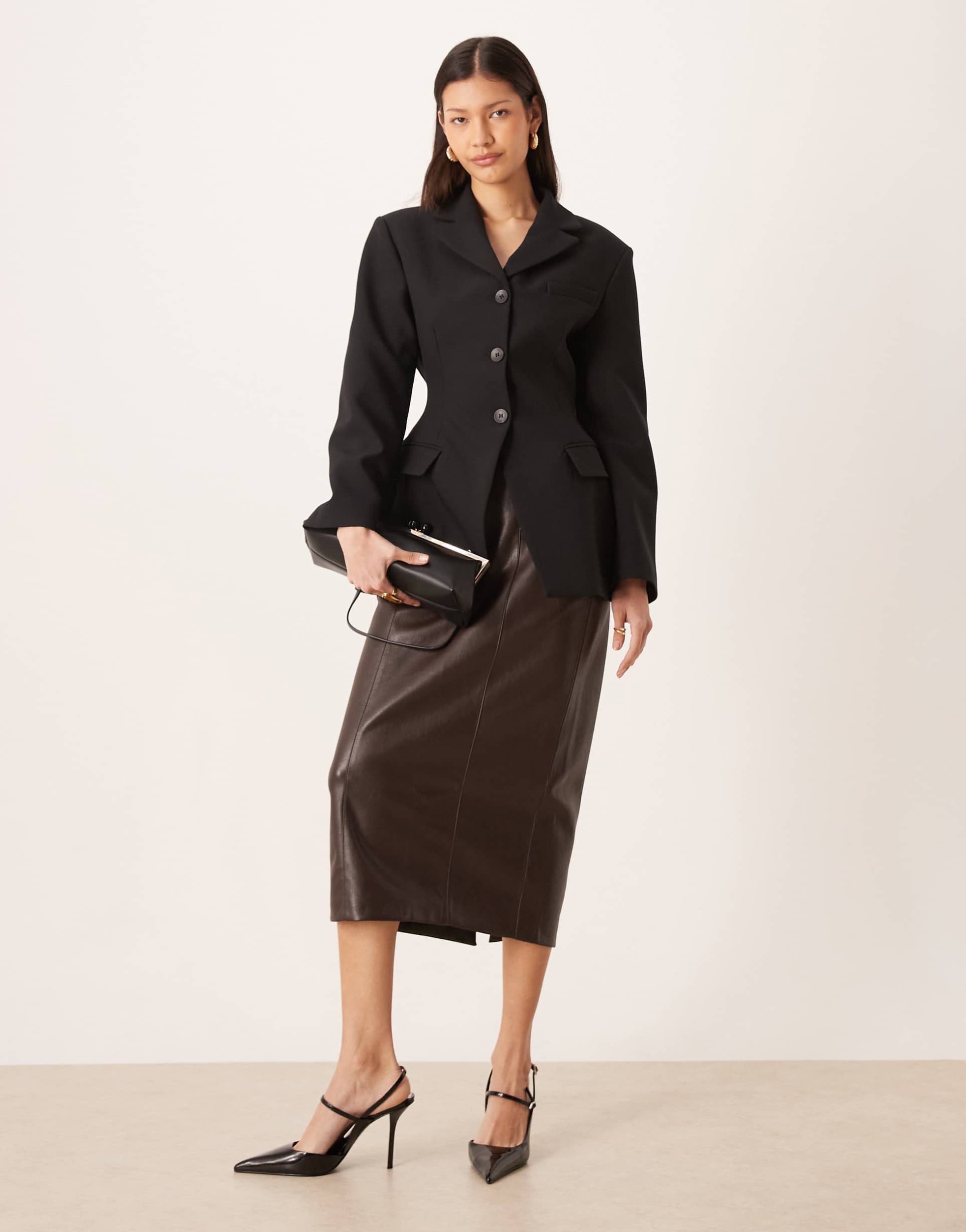 mango faux leather midi skirt in brown
