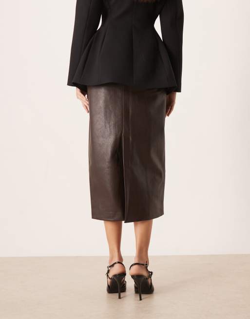 Mango faux leather midi skirt in brown, 2 of 5