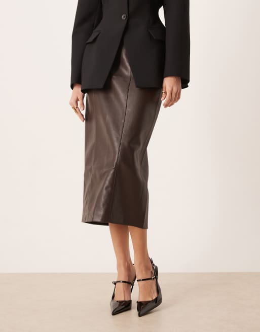 Mango faux leather midi skirt in brown, 5 of 5