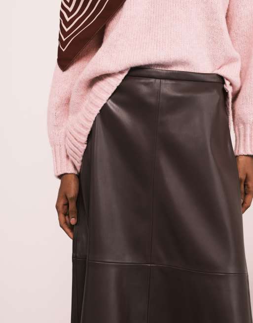 Mango faux leather midi skirt in burgundy