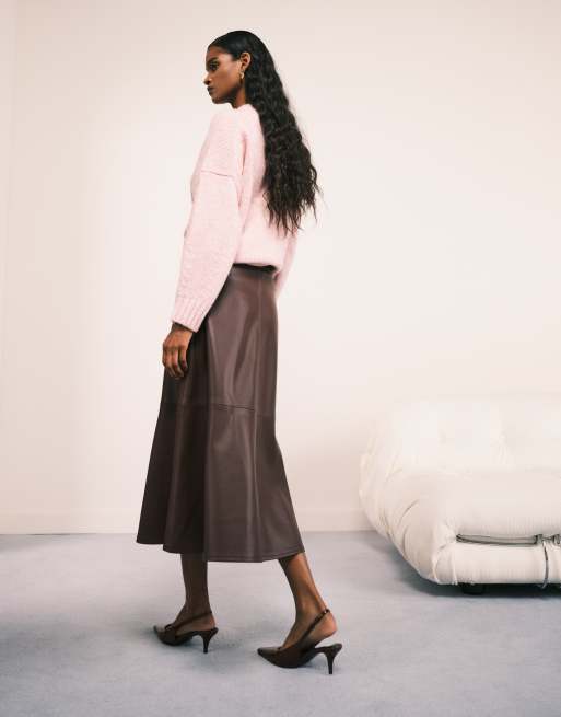 Mango faux leather midi skirt in burgundy