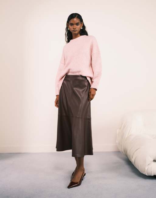 Mango faux leather midi skirt in burgundy