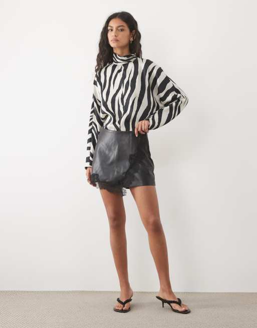 Mango faux leather mini skort with lace trim in black , 2 of 5