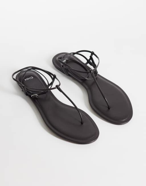 Mango faux leather minimal ankle tie flat sandal in chocolate, 2 of 4