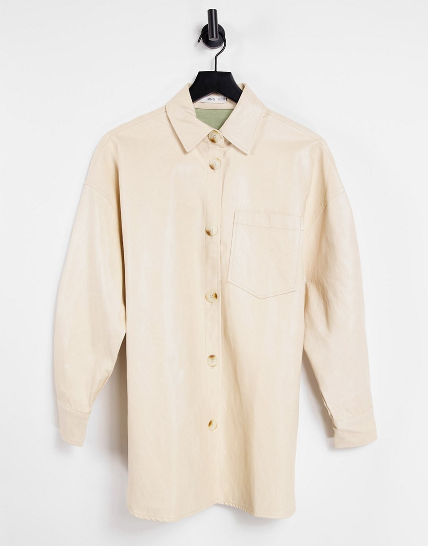 Mango faux leather overshirt in cream-White