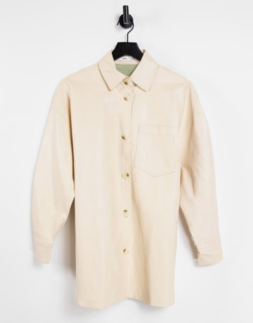 Mango faux leather overshirt in cream ASOS