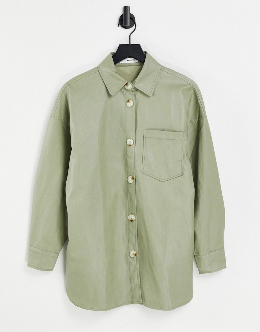 Mango faux leather overshirt in sage green
