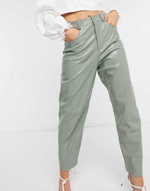 Buy MANGO Women Green Faux Leather Regular Fit Solid Trousers