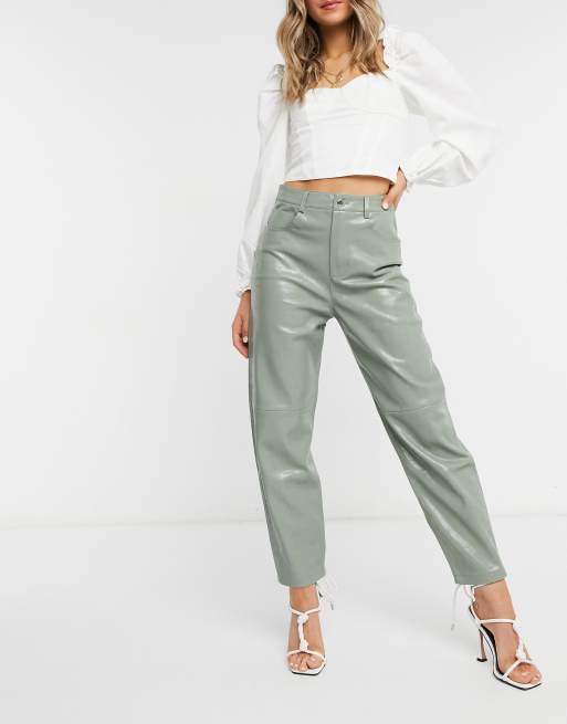 Buy MANGO Women Green Faux Leather Regular Fit Solid Trousers