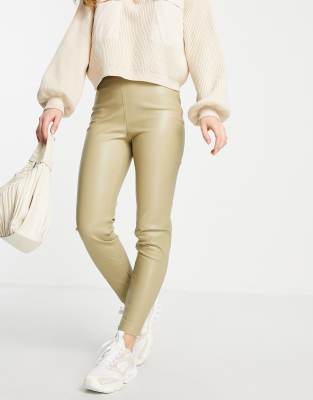 Mango faux leather trousers with side split in light green - ASOS Price Checker