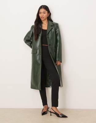 Mango Faux Leather Pea Coat In Green