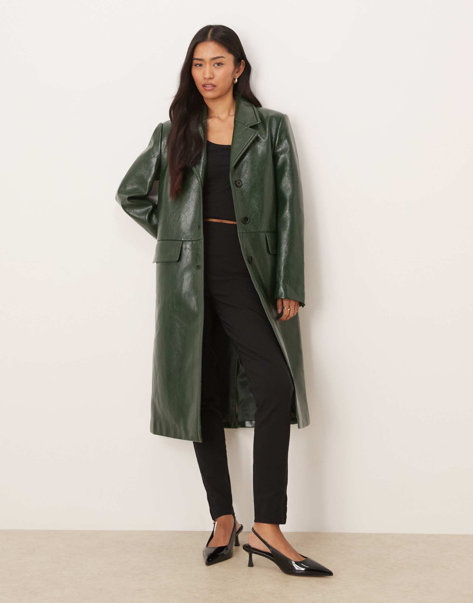 mango faux leather pea coat in forest green