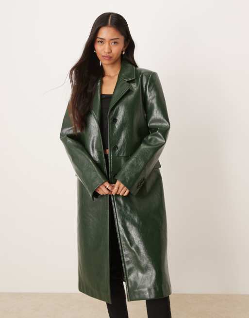 Mango faux leather pea coat in forest green | ASOS