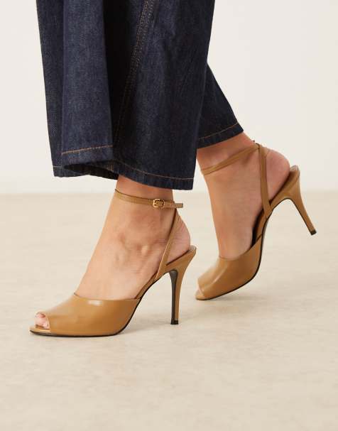 Mango faux leather peep toe heeled shoe in khaki - view 1