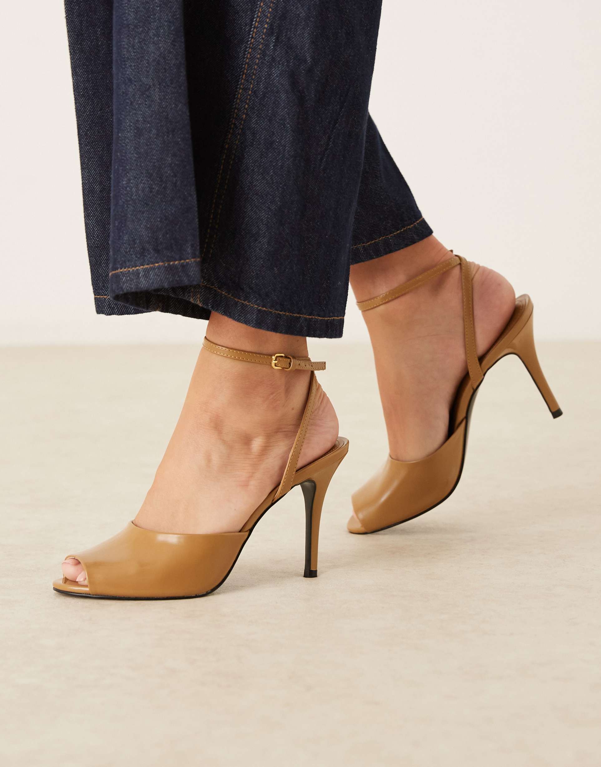mango faux leather peep toe heeled shoes in khaki