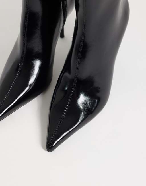 Mango faux leather pointed heeled ankle boot in black patent, 3 of 4