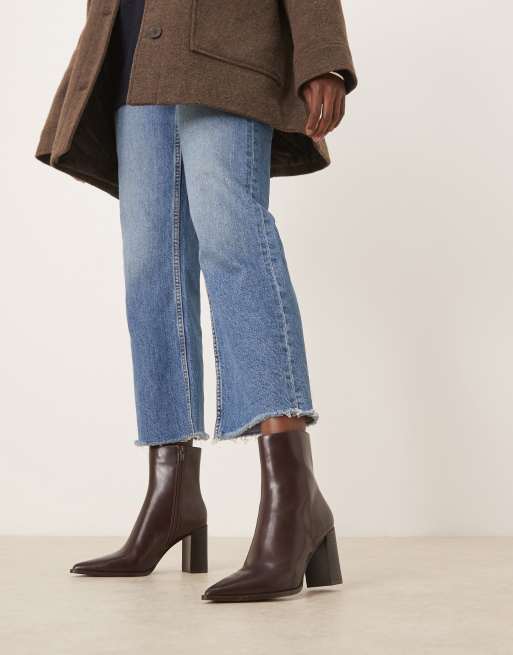 Mango faux leather pointed heeled ankle boot in brown ASOS