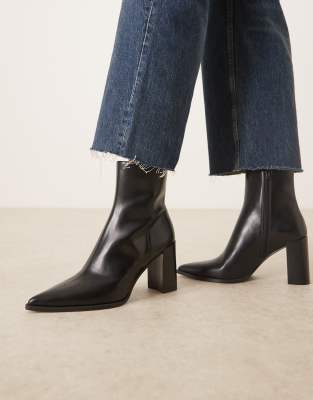 Mango faux leather pointed heeled ankle boots in black