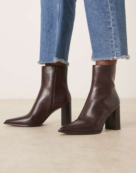 Mango faux leather pointed heeled ankle boots in brown - view 1