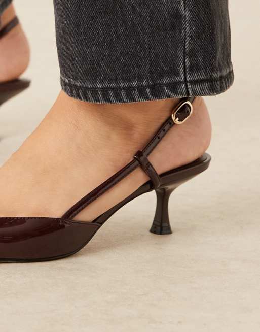 Mango faux leather pointed slingback low heeled shoe in dark brown, 3 of 4