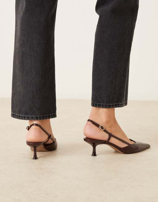 Mango faux leather pointed slingback low heeled shoe in dark brown, 4 of 4
