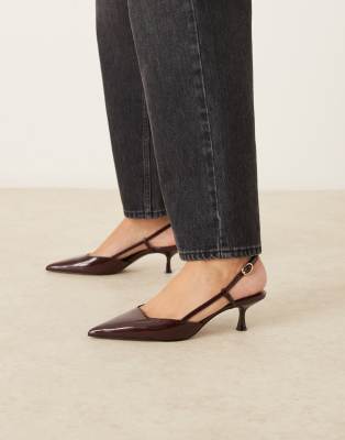 Mango Faux Leather Pointed Slingback Low Heeled Shoes In Brown