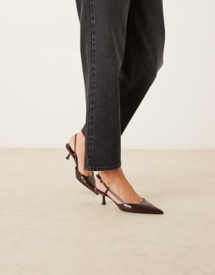 Mango Faux Leather Pointed Slingback Low Heeled Shoes In Brown