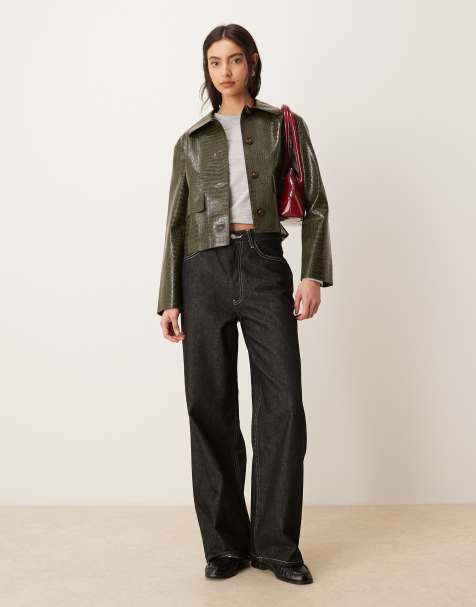 Mango faux leather short jacket in khaki croc effect