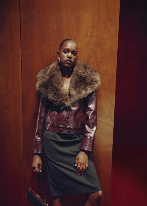 Mango faux leather short jacket with faux fur collar in burgundy - view 1