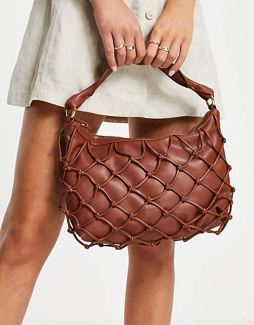 Mango faux leather shoulder bag with woven detail in burgundy