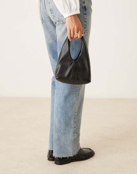 Mango faux leather slouchy bag with gold statement handle in black - view 1