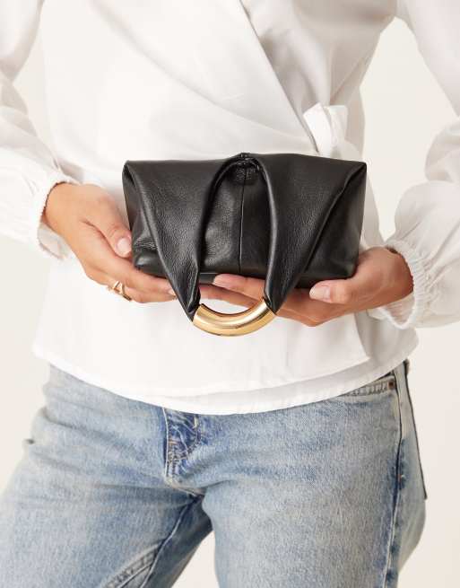 Mango faux leather slouchy bag with gold statement handle in black