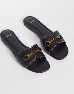 Mango Faux Leather Snaffle Detailing Slides In Black