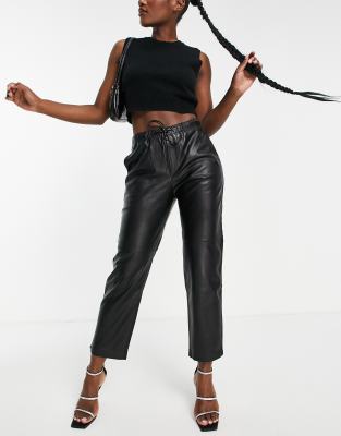 MANGO FAUX LEATHER STRAIGHT LEG PANTS IN BLACK