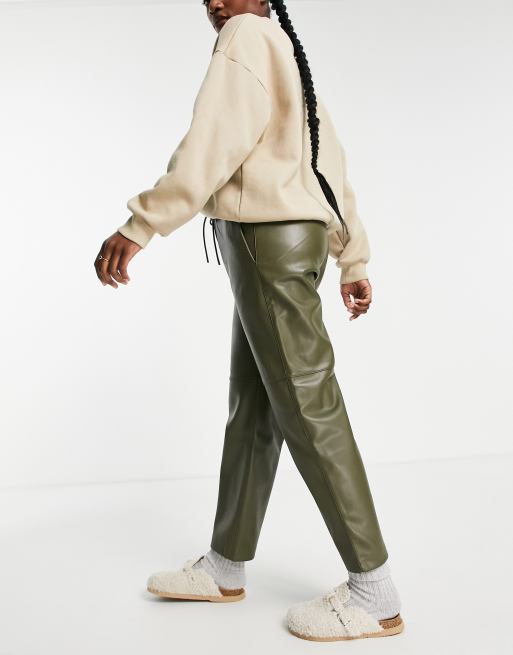 Mango faux leather straight leg pants in khaki ASOS