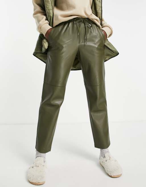 Mango faux leather straight leg trousers in khaki