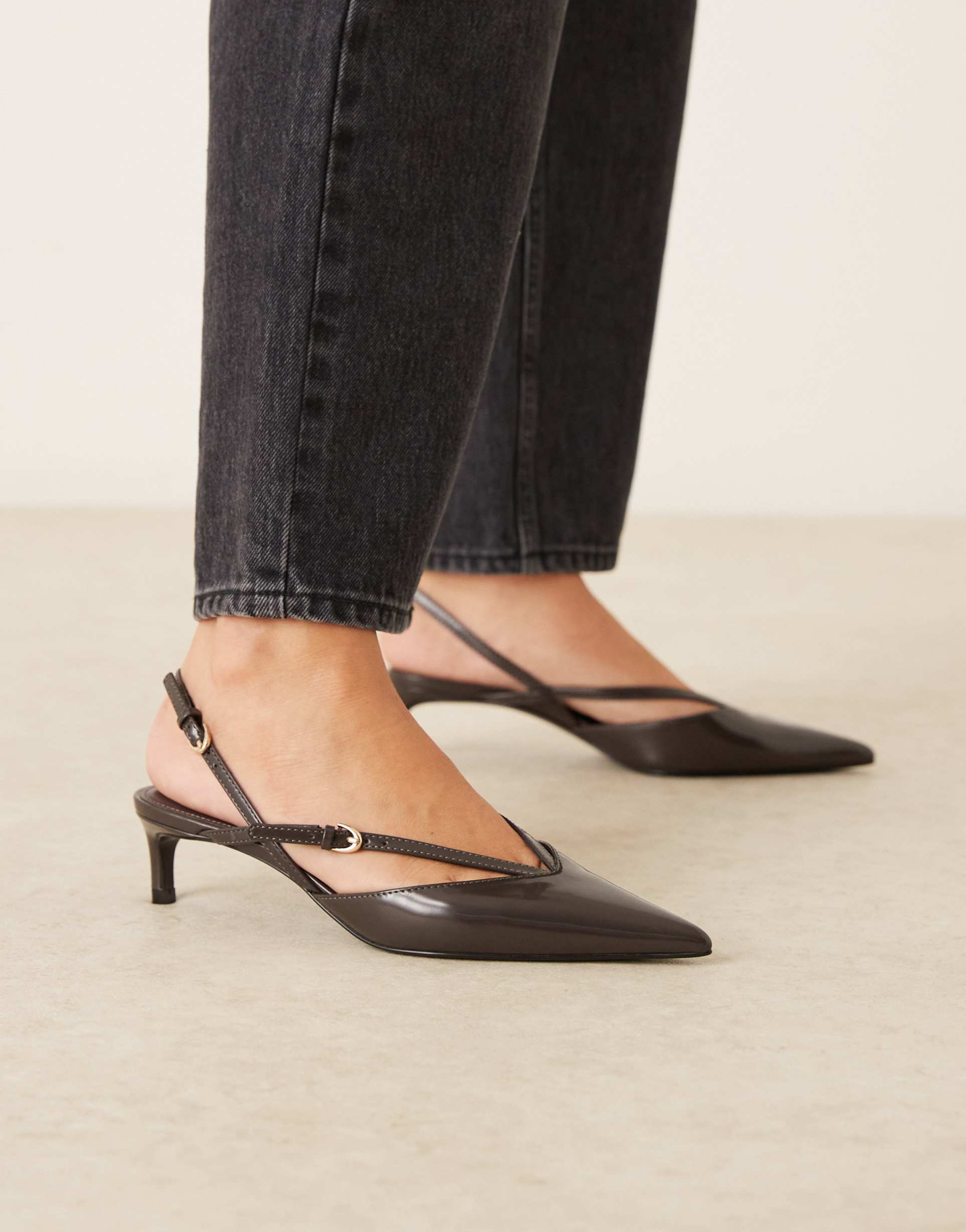 mango faux leather strappy pointed heeled slingback shoes in charcoal