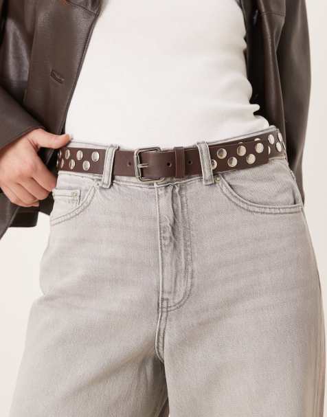 Mango faux leather studded belt in brown - view 1