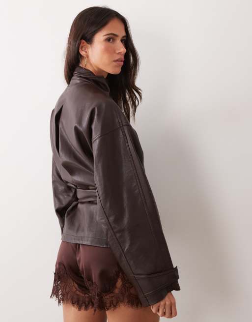 Mango faux leather tie waist jacket in brown, 4 of 4