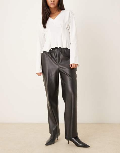 Mango faux leather tie waist trouser in black