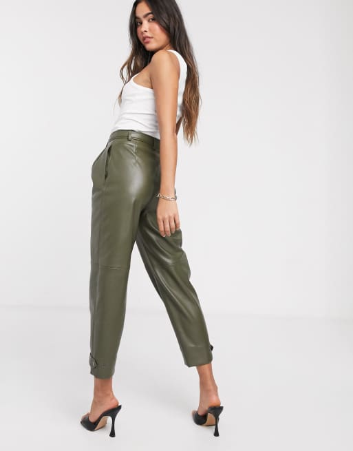 Mango faux leather trousers in khaki ASOS