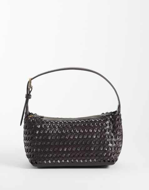 Mango faux leather woven shoulder bag in dark brown - view 1