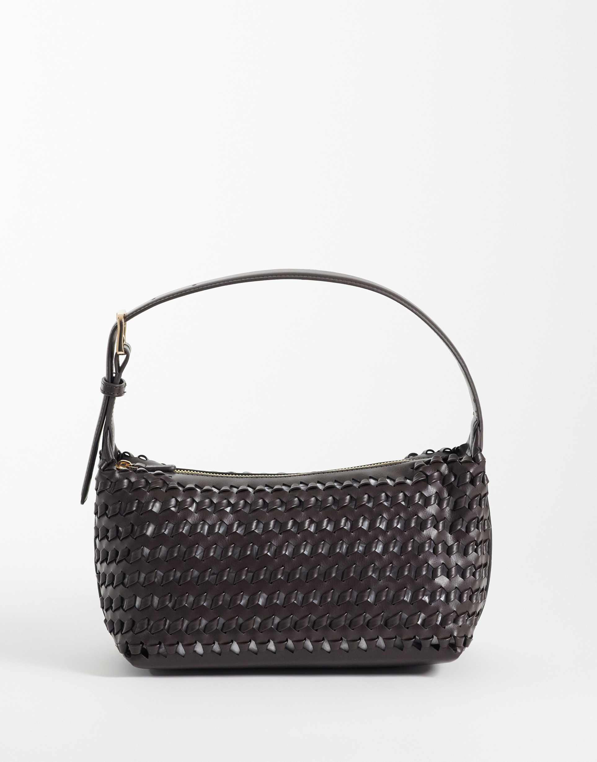 mango faux leather woven shoulder bag in dark brown