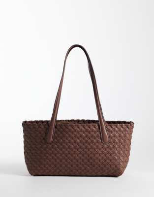 Mango Faux Leather Woven Tote Bag In Red