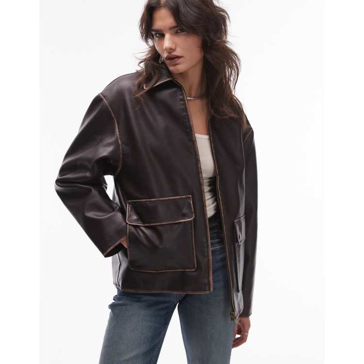 Mango faux leather zip front jacket in vintage brown | ASOS